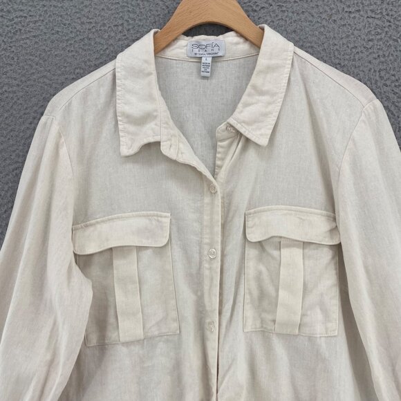 Sofia Vergara Top Womens Large Ivory Linen Blend Button Up Tie Crop Long Sleeve - Picture 2 of 10